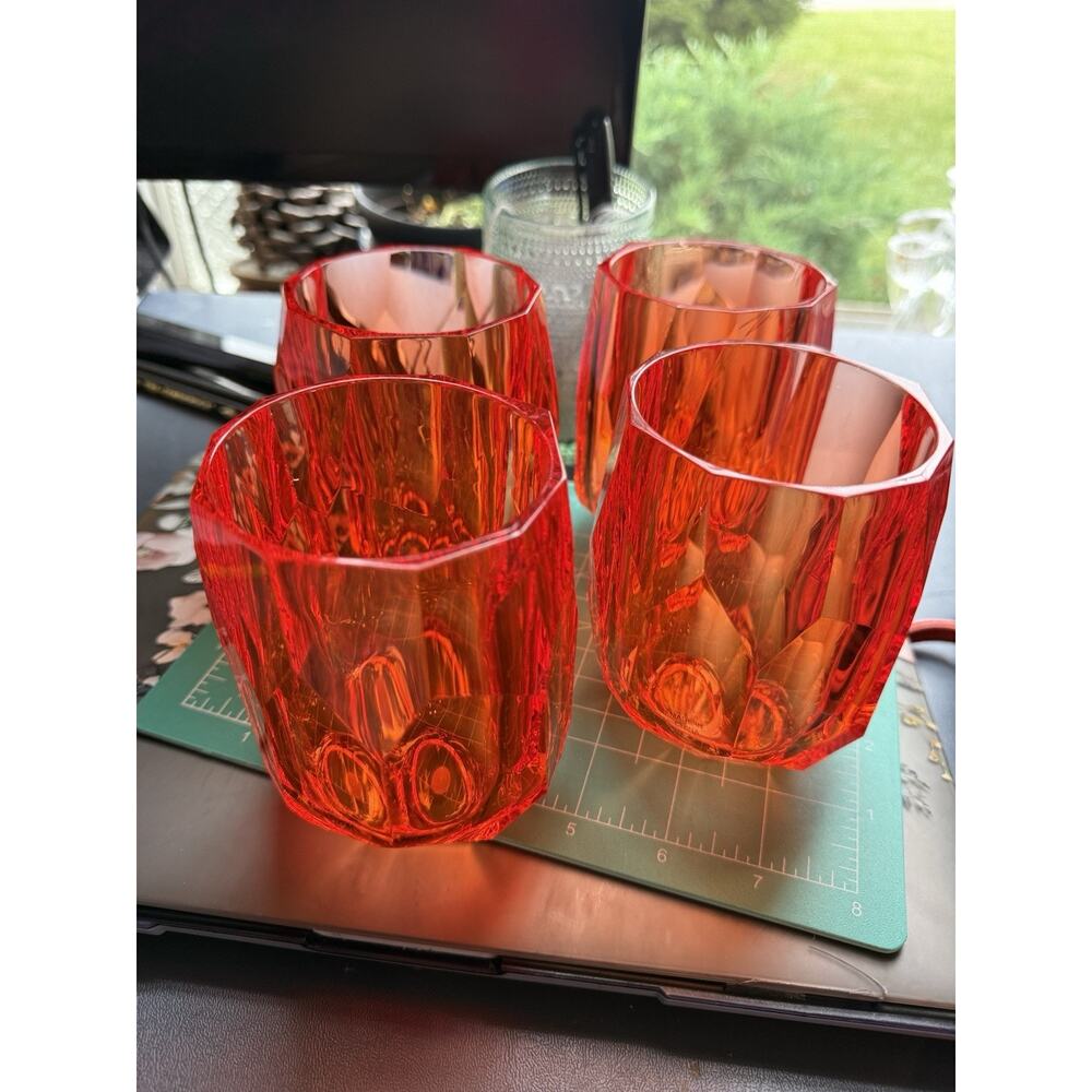 NEW RACHEL ZOE SET OF 6 Hot Orange ACRYLIC CUT CRYSTAL WINE GLASSES/ CUPS 6 OZ